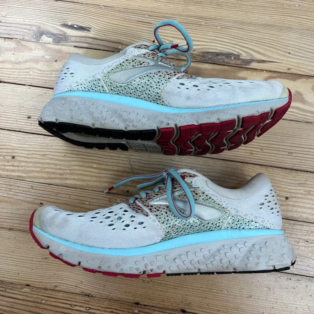 Brooks Glycerin 16 Womens Running Shoes Size 9 White Blue Red athletic comfort